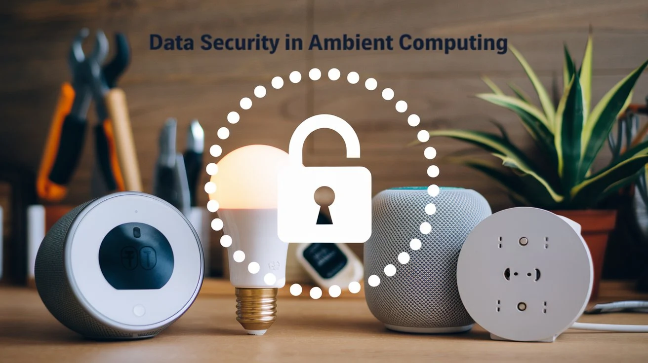 An image illustrating data security in ambient computing, showcasing a digital lock over connected devices.