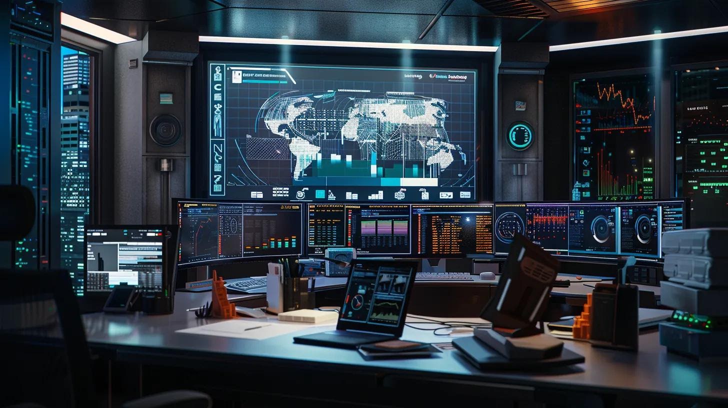 a sleek, modern office workspace features a stylish desk cluttered with analytical reports and a laptop displaying search engine data, while a large screen behind showcases vivid graphs and keyword metrics, embodying the meticulous process of identifying search intent.