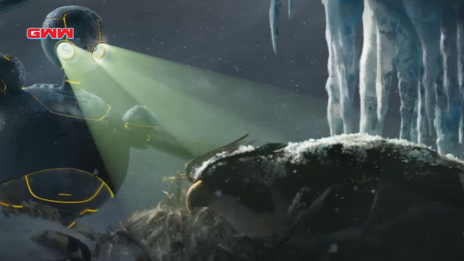 Roz shines lights on a snow-covered penguin in an icy cave.