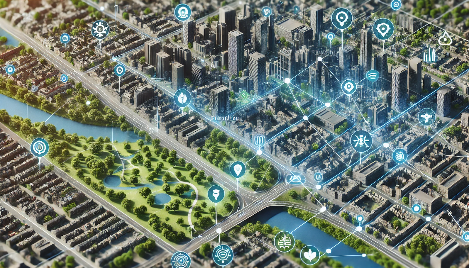 A digitally generated map of a city with enhanced green spaces and energy-efficient buildings. The map shows AI-driven optimization of resources, tree localization, and urban ecosystem conservation. The city is represented as a digital twin model, with data points showing energy consumption and environmental impact, illustrating how AI contributes to sustainable urban development.