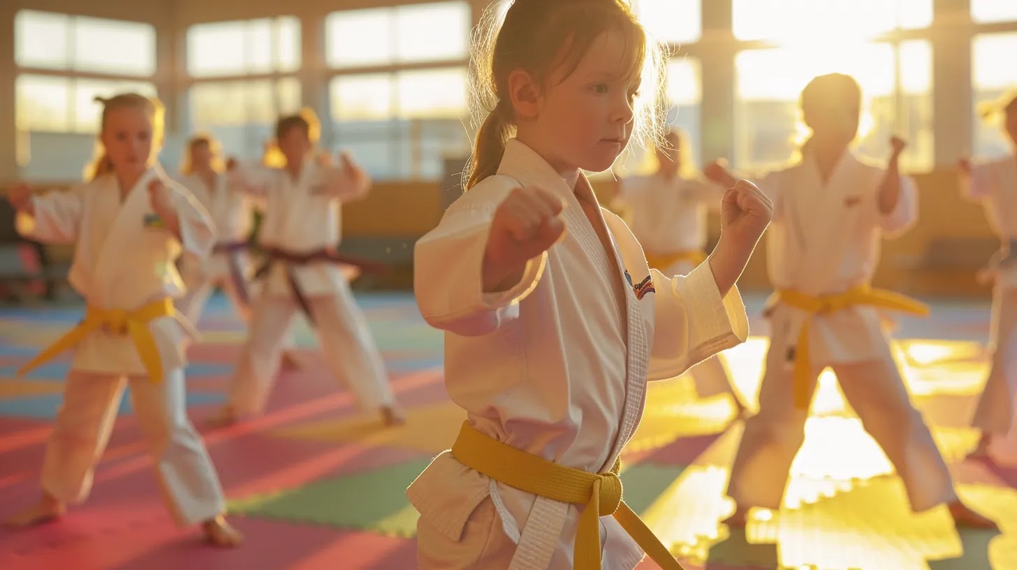 a vibrant scene of children in a dynamic karate class, showcasing their focus and determination as they practice striking poses on colorful mats under bright, natural lighting.