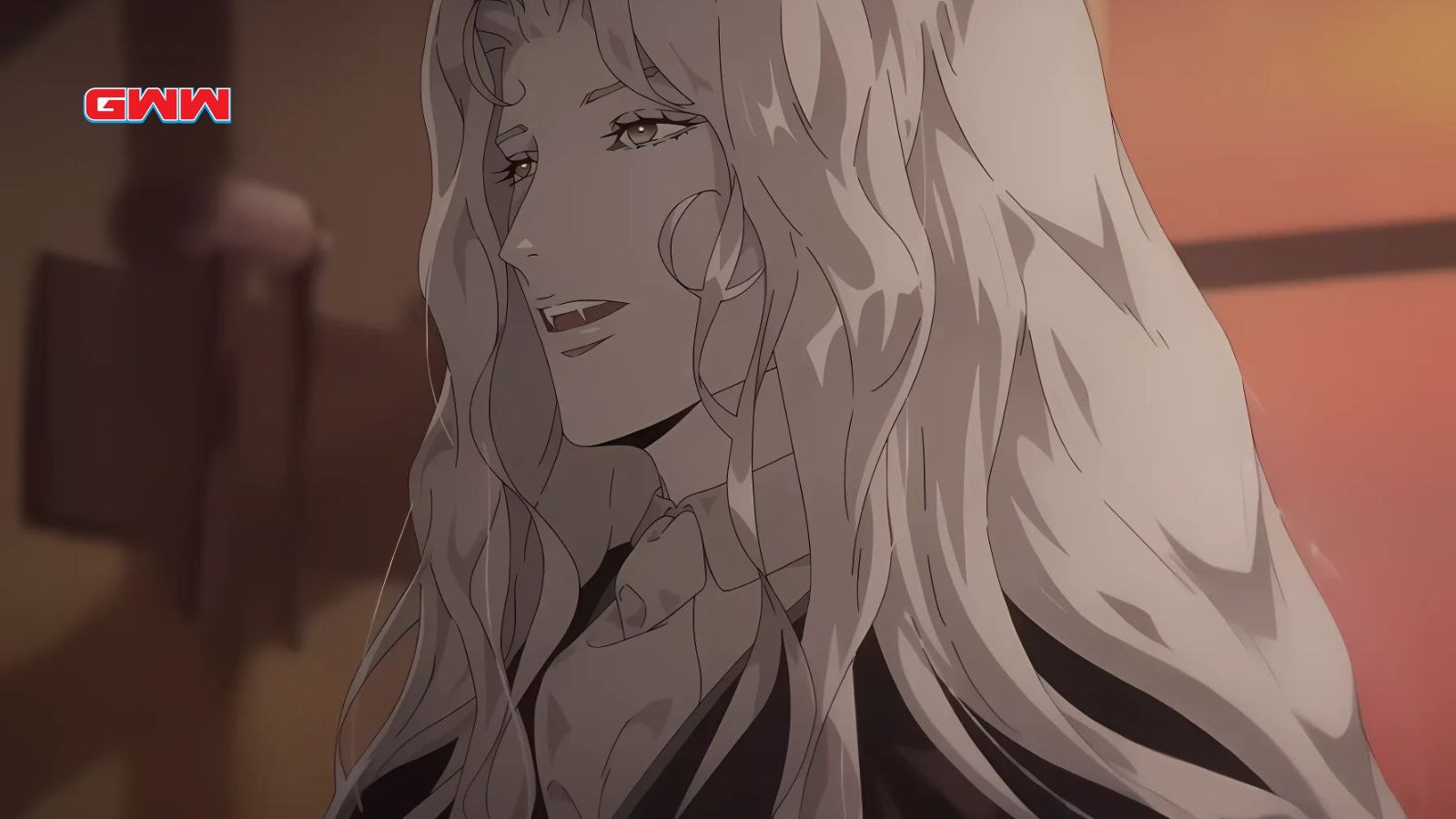  Alucard with long white hair, smirking