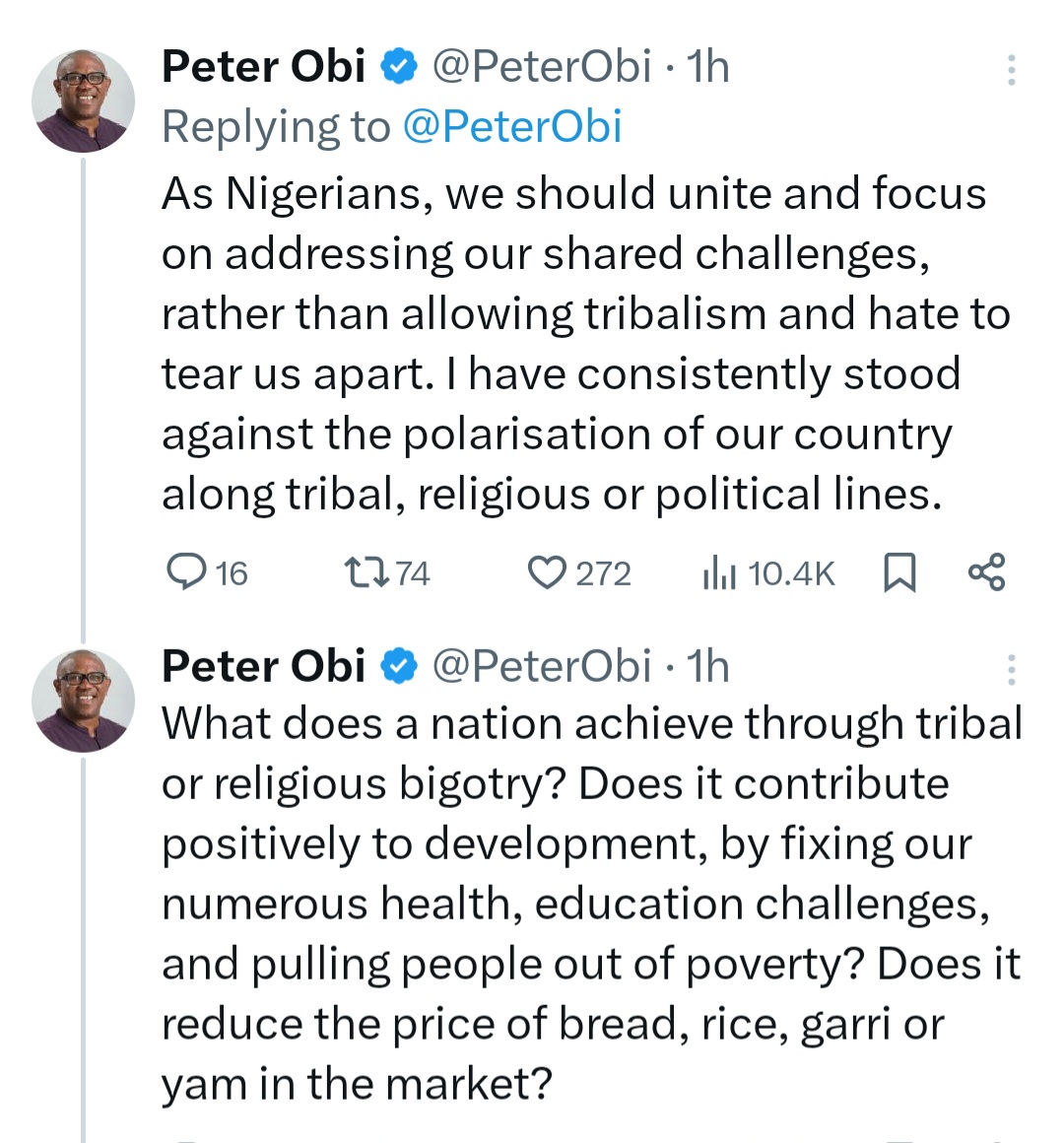 Such divisive comments have no place in our society - Peter Obi condemns statement by woman who threatened to poison Yorubas and Edo natives in Canada