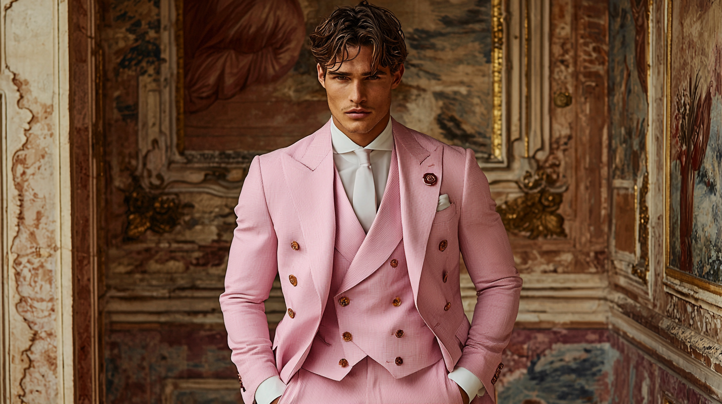 
A historic transition of pink suits for men, blending early 1900s fashion with modern style. On one side, a man from the early 1900s in a classic pink suit symbolizing power and strength, set against a vintage backdrop. On the other side, a contemporary man wearing a sleek, tailored pink suit with modern accessories, exuding confidence and individuality. The image showcases a gradient of styles over time, from vintage to modern, with photorealistic detail and sharp contrasts in setting and lighting.