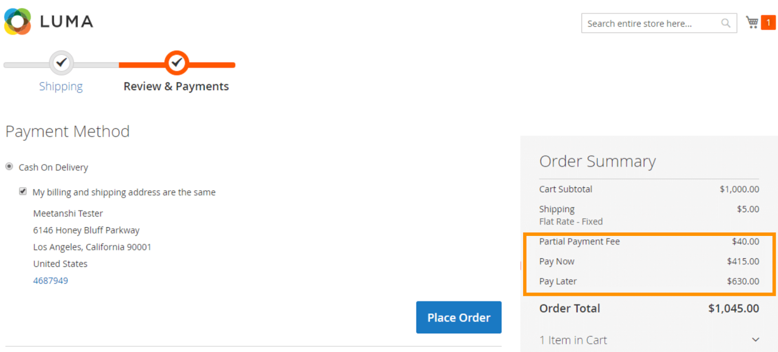 Partial payment feature at the checkout page