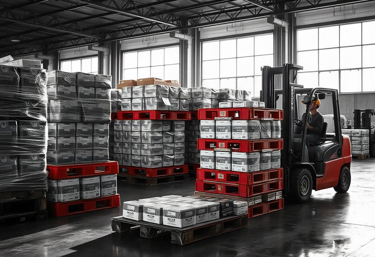 Montacargas operando en almacén con tarimas plásticas rojas apiladas, optimizando la gestión logística de carga industrial