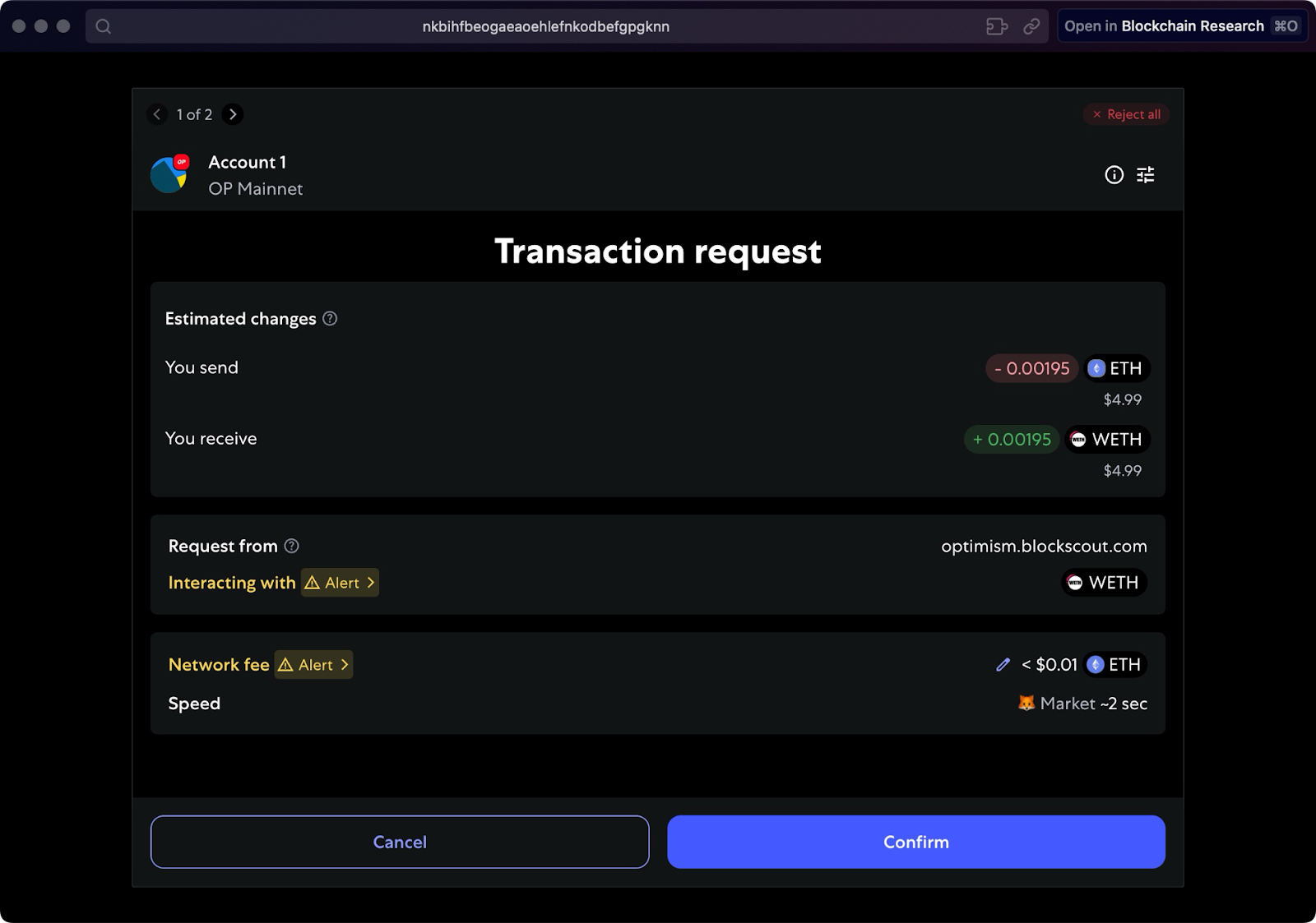MetaMask transaction confirmation for WETH deposit showing 0.00195 ETH being sent to receive 0.00195 WETH tokens with network fee under $0.01 and market speed confirmation on OP Mainnet via Blockscout