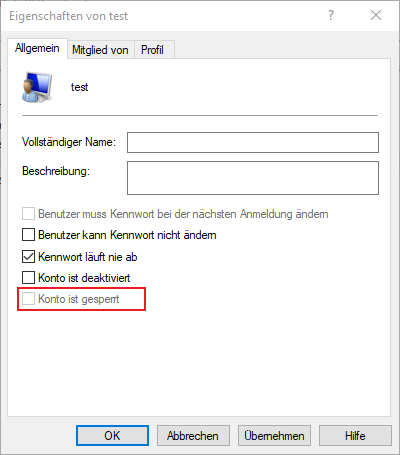 Kontrollkästchen “Konto ist gesperrt” deaktivieren
