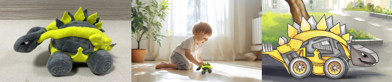 Collage of three images. First image on the left is Gronk the Skid Loader stuffed toy. The second image, located in the center, is a young boy playing with the Gronk Skid Loader toy, the third image, located on the right, is the drawing of Gronk from the front page of Prehistoric Pals Brontie and Pals Build a Park!