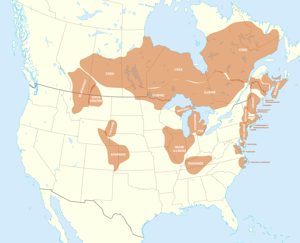 A map of Algonquin language distribution pre-contact.