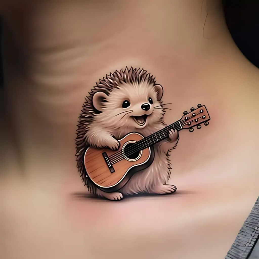 Hedgehog Playing a Musical Instrument Tattoo
