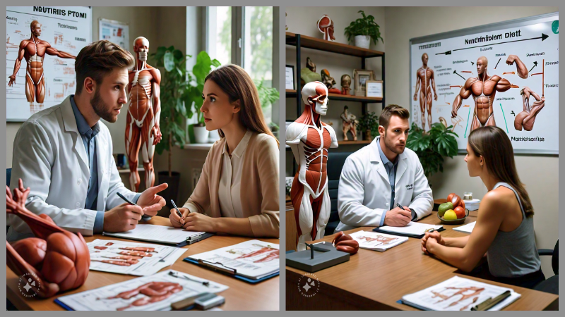 A nutritionist consulting with a client in an office, surrounded by high-protein diet plans, food charts, and anatomical models, with a whiteboard explaining protein's role in muscle growth.