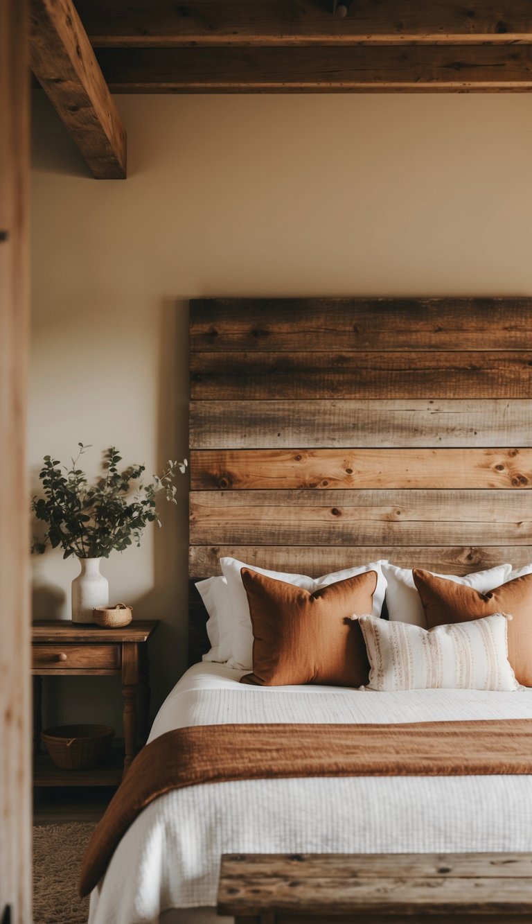 A cozy farmhouse bedroom with a rustic barnwood headboard, adorned with warm, earthy tones and natural textures