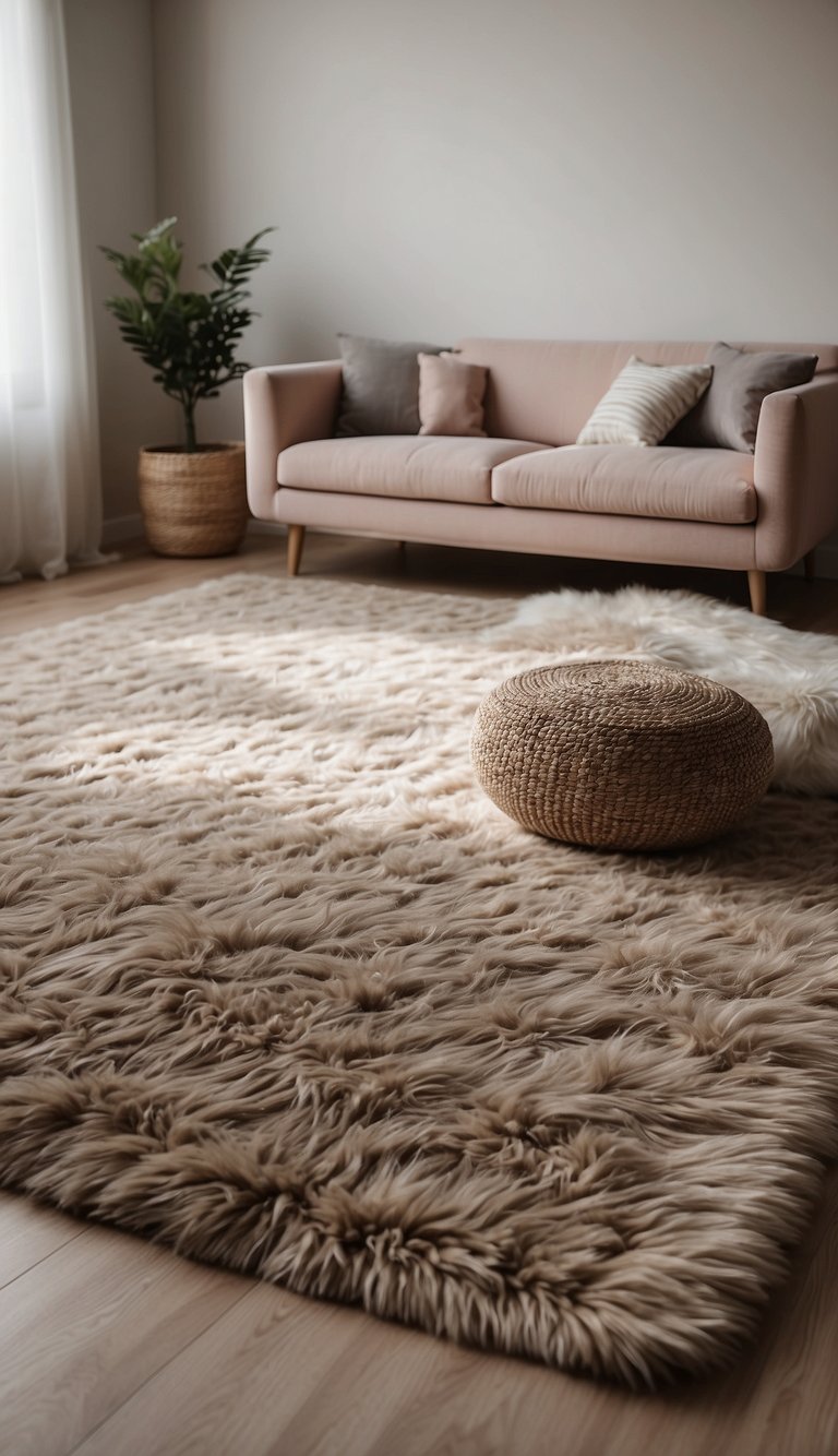 A taupe area rug lies in the center of a serene, neutral-toned bedroom, creating a cozy and inviting atmosphere