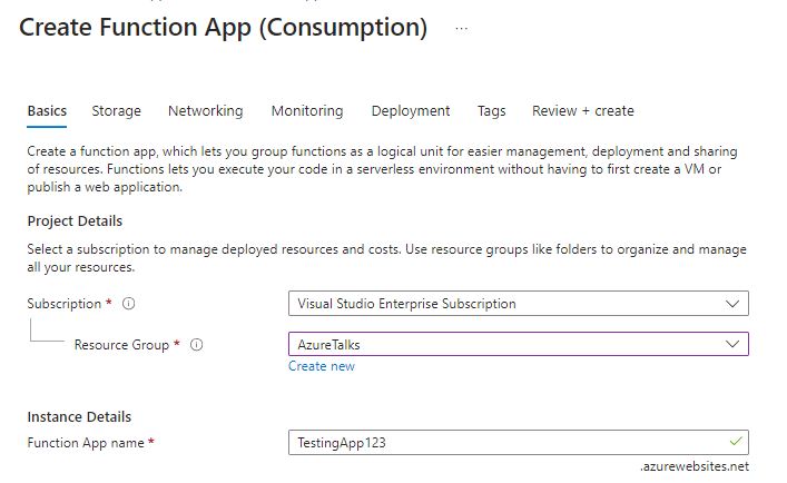 add details to create function app