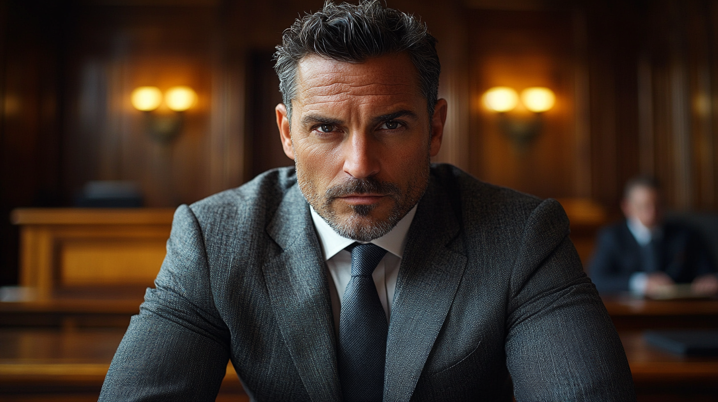 
A man sitting at the defendant’s table in a courtroom, wearing a charcoal gray suit, a crisp white dress shirt, and a conservative tie. His expression is serious and composed, showing attentiveness and professionalism. The background features a judge’s bench, attorneys, and wooden courtroom elements, emphasizing the formal and serious setting. The lighting is soft yet dramatic, highlighting the tension and importance of the moment. Ultra-realistic, cinematic lighting, 4K resolution