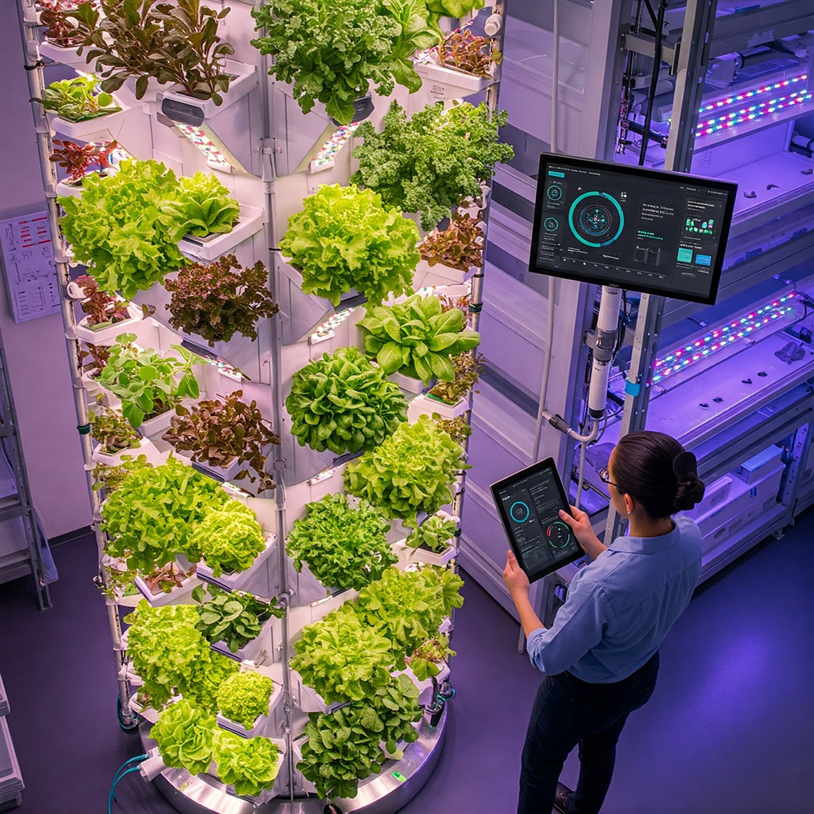 A technologically advanced indoor vertical farm with a variety of lush green leafy vegetables growing in a controlled environment, monitored by a person using a digital tablet.