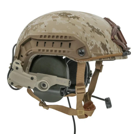 Digital camo tactical helmet with mounted communication headset and rail system for enhanced safety and situational awareness