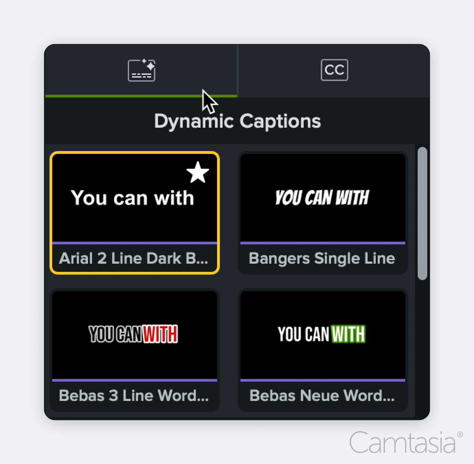 The dynamic captions option in Camtasia