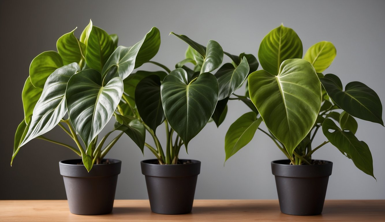 Two Philodendron plants side by side, Glorious with elongated heart-shaped leaves and Gloriosum with round velvety leaves. Both plants are in full bloom, showcasing their unique characteristics