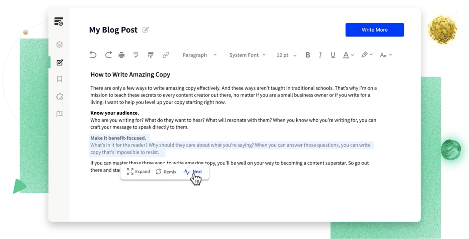 User interface of Unbounce's Smart Copy showing a blog post being written
