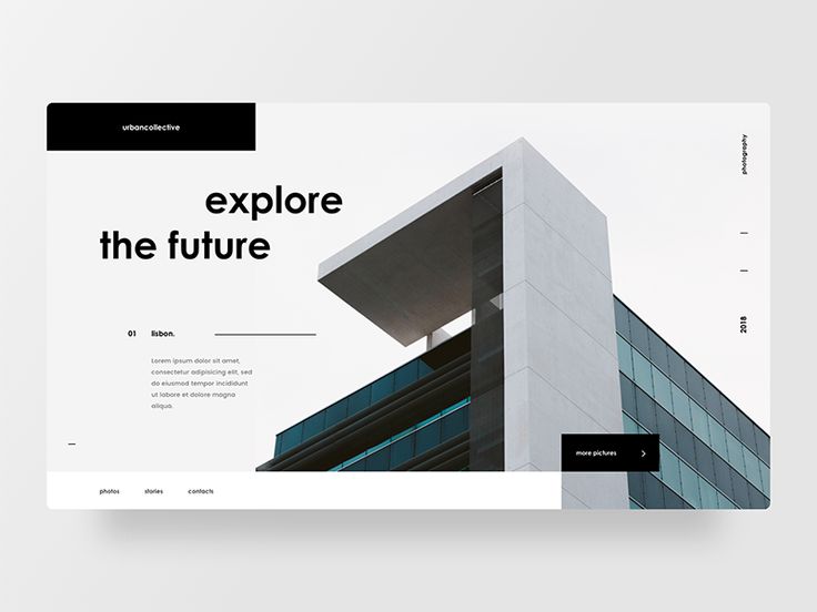 A modern architecture website layout features a minimalistic design with the phrase "explore the future" on the left side. It showcases a structural building photograph in the background. The navigation menu is placed at the bottom, and various content sections are labeled, all while highlighting interactive prototypes for seamless UI/UX design.