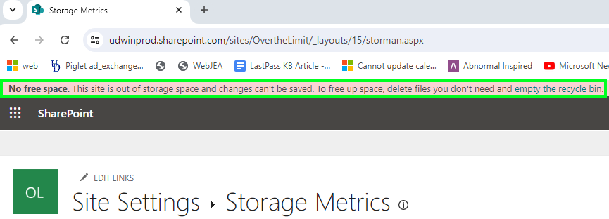 The "No free space" SharePoint banner on a SharePoint site is indicated.