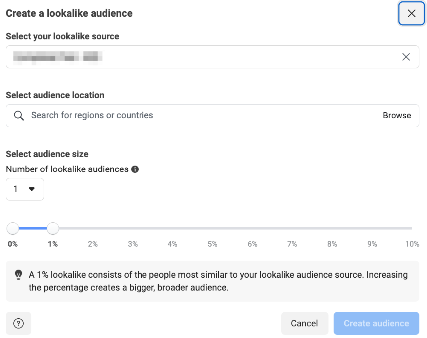 A screenshot of Meta’s lookalike audience creation options. The image shows two fields to select the audience source and location, followed by the percentage of the audience.