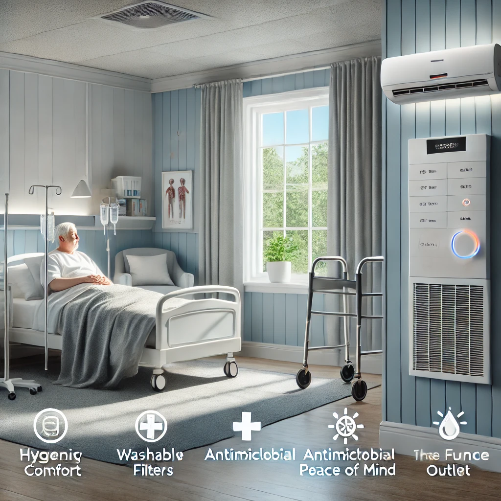 Modern healthcare or senior living suite with PTAC unit under the window, showing quiet comfort, cleanable features, and accessibility for patients and residents.