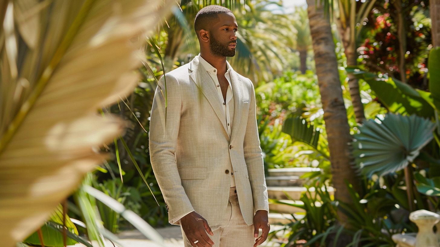 A man at a summer wedding wearing a lightweight linen or cotton suit in a light neutral color like beige or light blue, with a breathable white dress shirt, no tie or a light patterned one, polished loafers or dressy sneakers, standing in a sunny outdoor garden or beach setting, relaxed and confident, summer elegance, tropical or natural backdrop