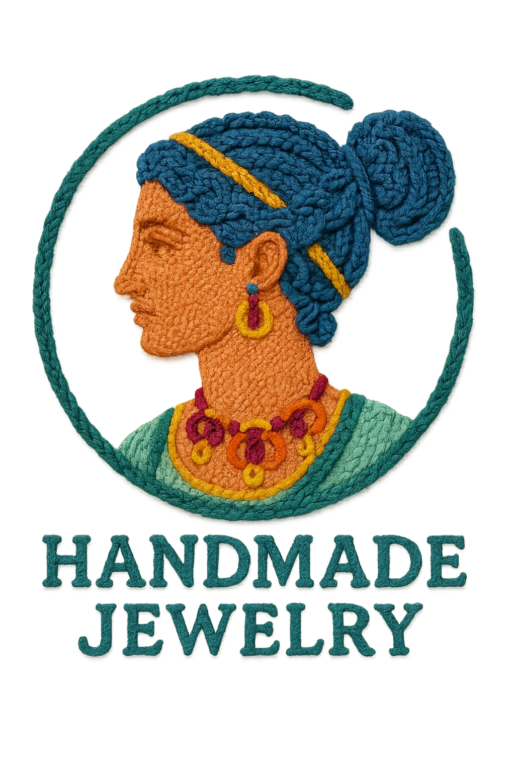 Embroidered logo design of a woman with handmade jewelry text