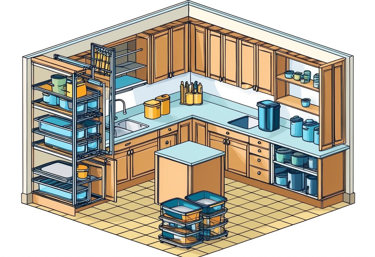 A kitchen with various storage solutions including pull-out shelves, hanging racks, and stackable containers, maximizing space and organization