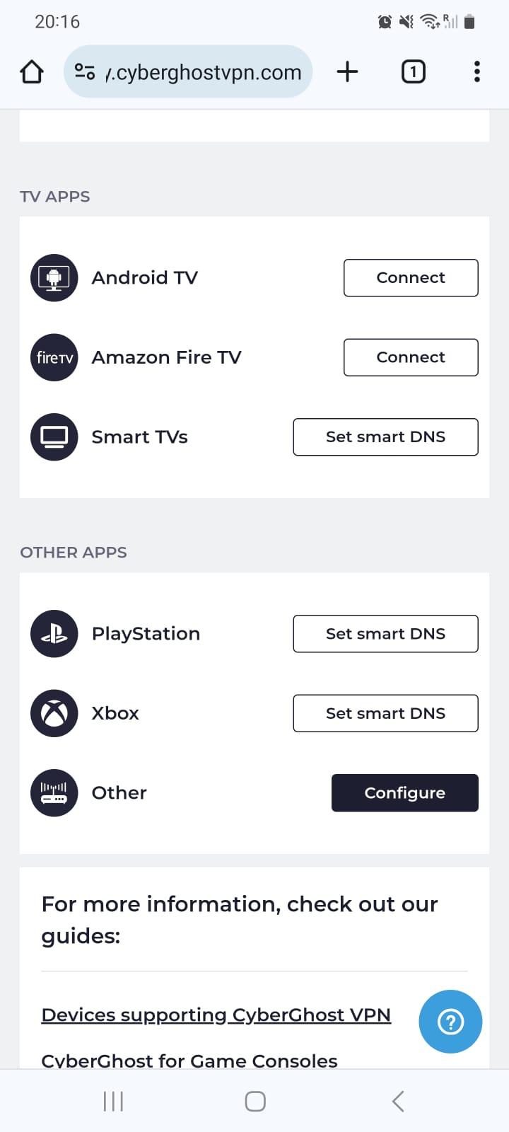 CyberGhost VPN's apps list