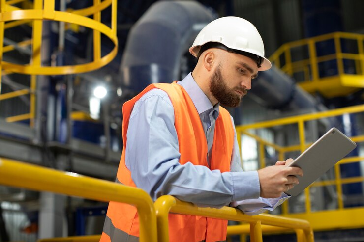 A person in a hard hat and vest looking at a tablet

Description automatically generated