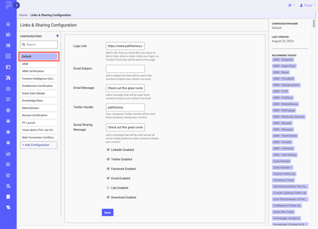 Default Links Configuration menu