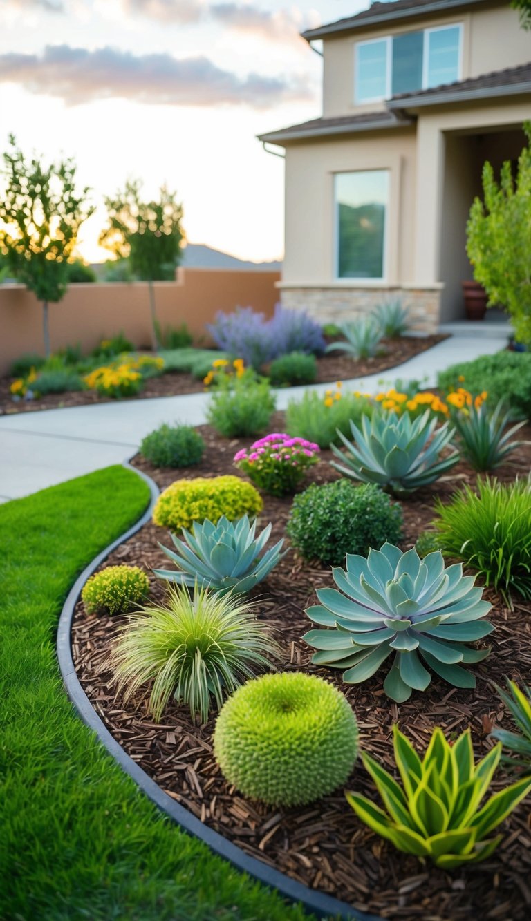 A front yard with 23 different drought-tolerant plants arranged in a mulch bedding landscape