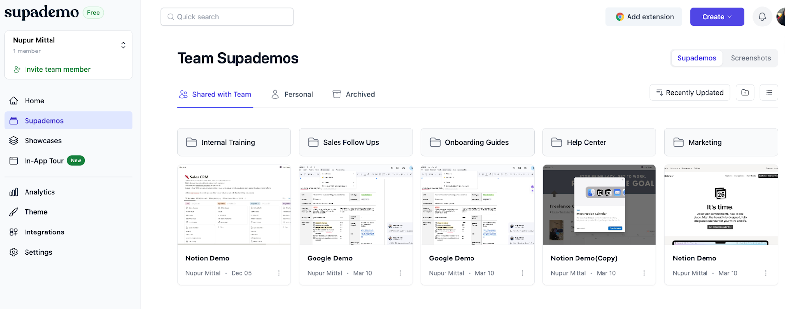 Snapshot of folders and sub-folder organization in Supademo’s workspace