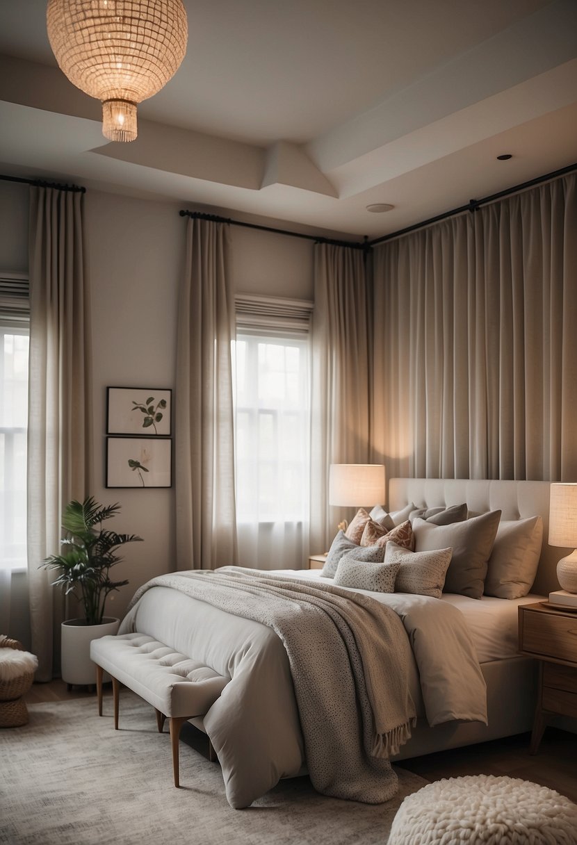 A cozy bedroom with neutral tones, textured throw pillows, and a statement headboard. A soft, diffused light filters through sheer curtains, creating a serene and inviting atmosphere