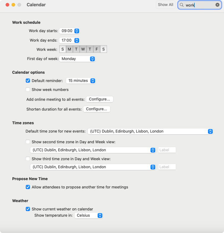 Pic. 17. Setting up work schedule settings in Outlook for Mac.