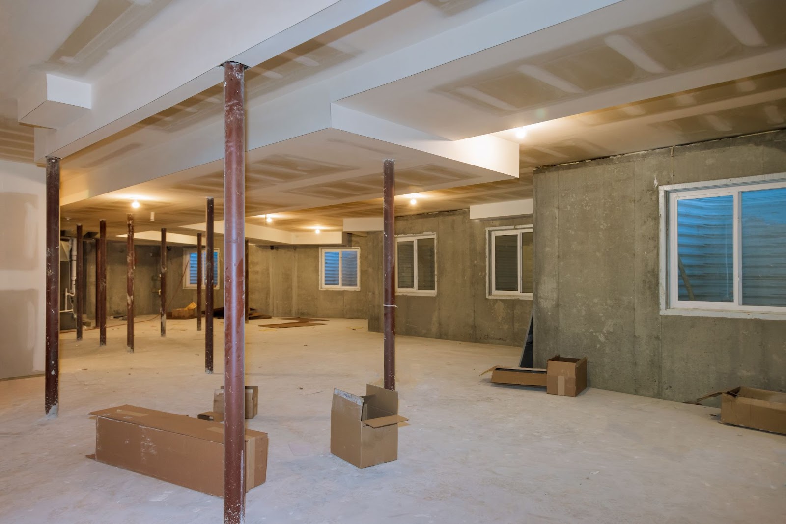 Interior framing of a basement under construction, showcasing exposed wooden beams and studs that form the structural framework for the remodeled space.