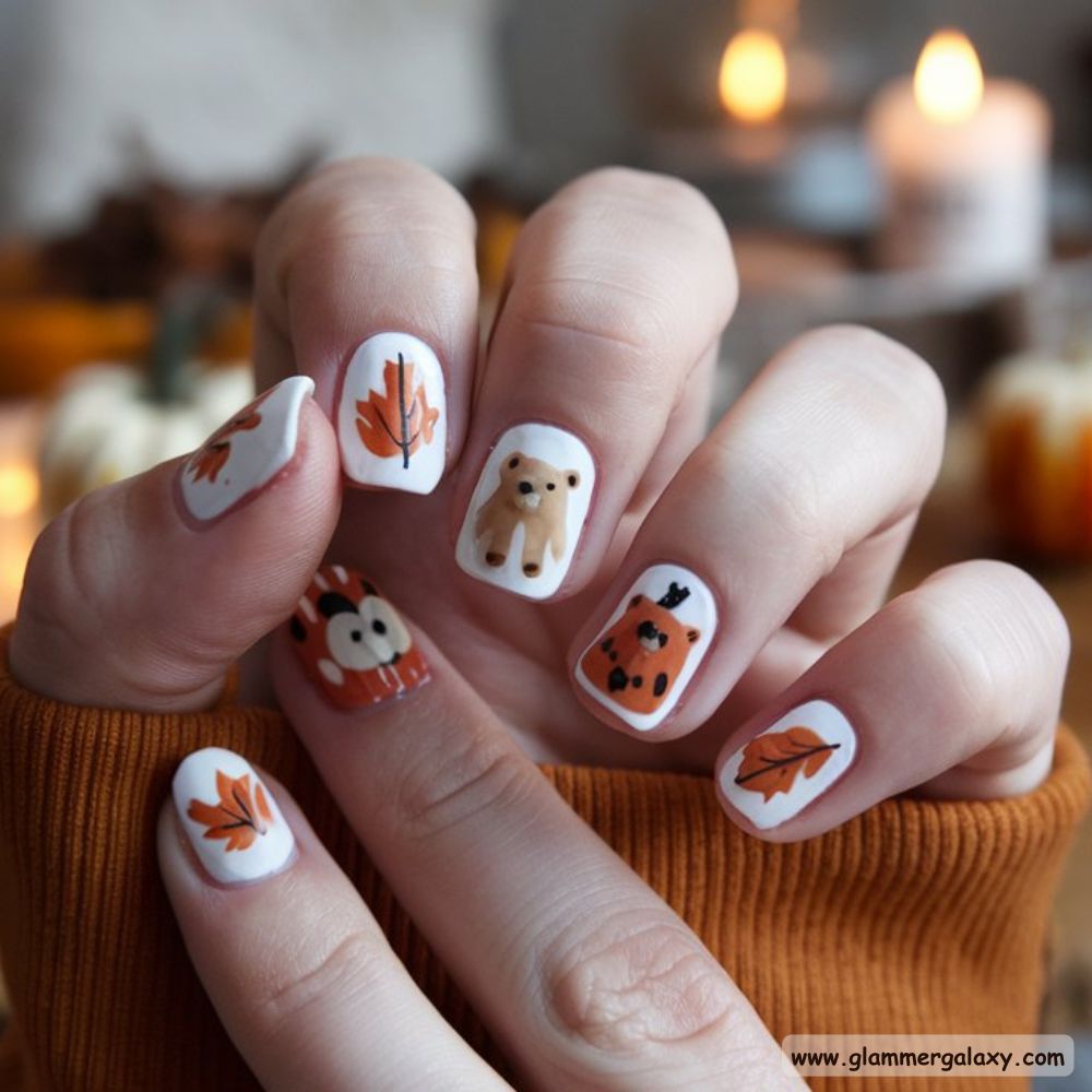 White Fall Nails having Cozy Teddy Bear Accents

