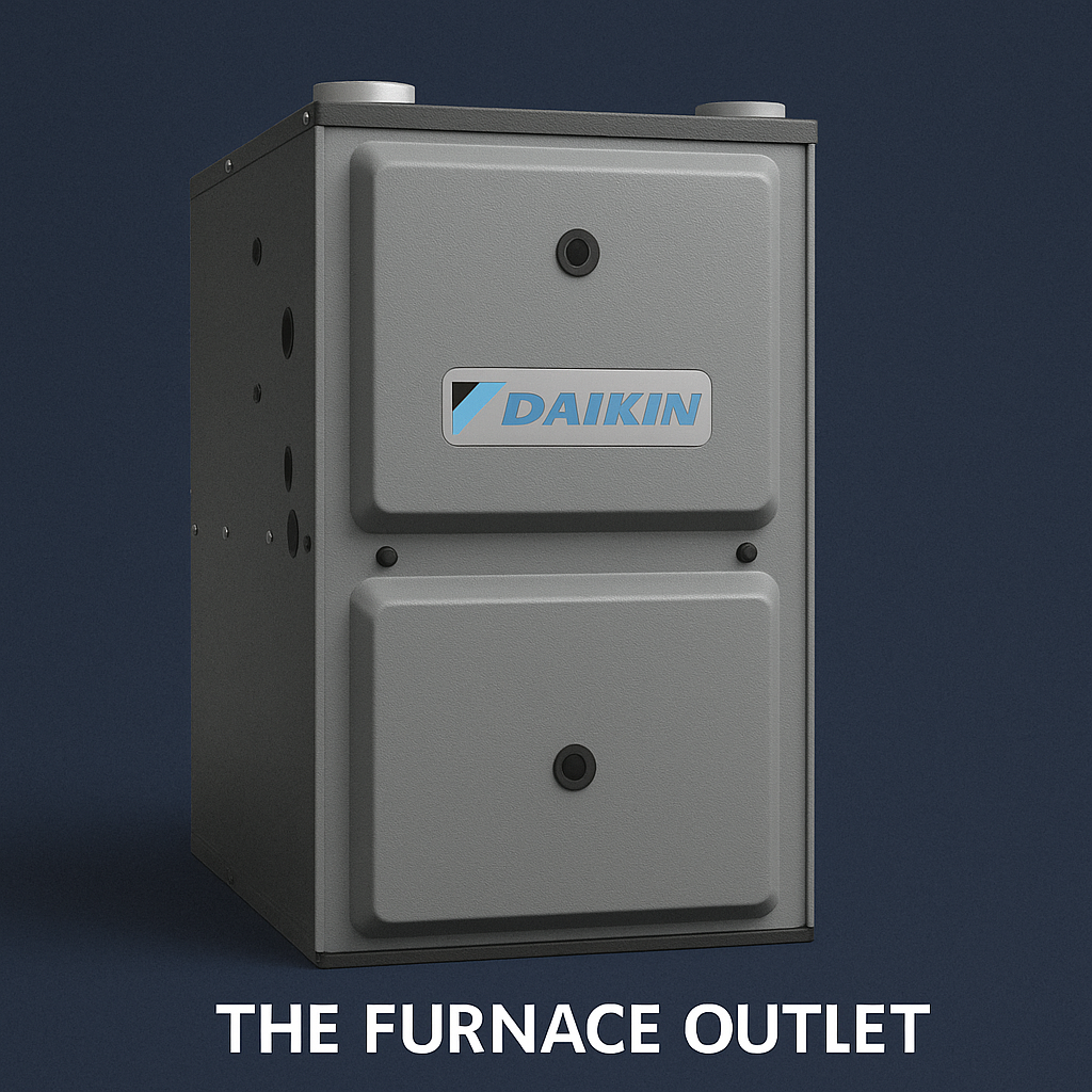 Daikin furnace displayed on a dark blue background with The Furnace Outlet branding, highlighting premium HVAC product design and build quality