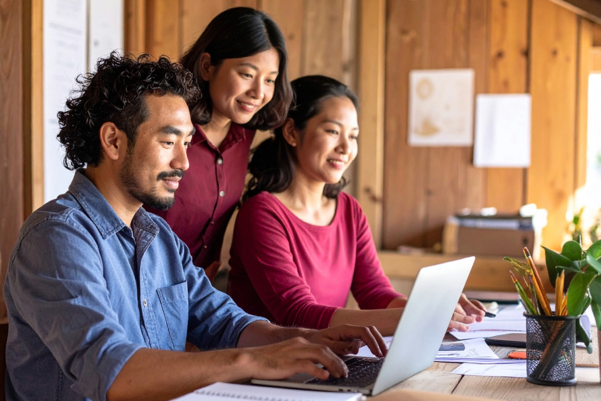 Young professionals working on laptops in a renovated rural building.