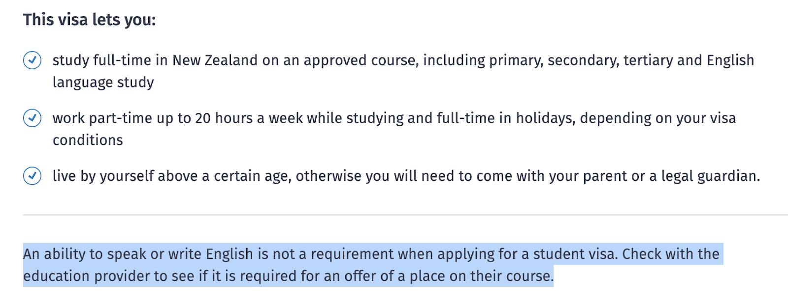 Screenshot of some of the requirements for the New Zealand student visa