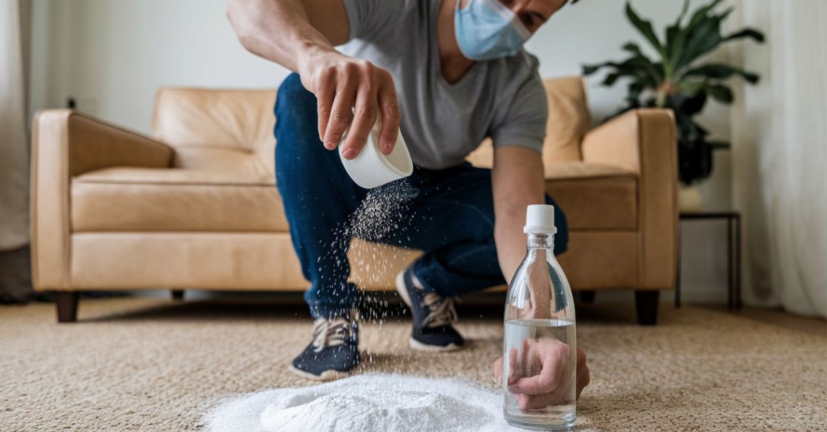 A man in a protective mask cleans his home with bleach, focusing on natural solutions for removing dog odor from carpets.