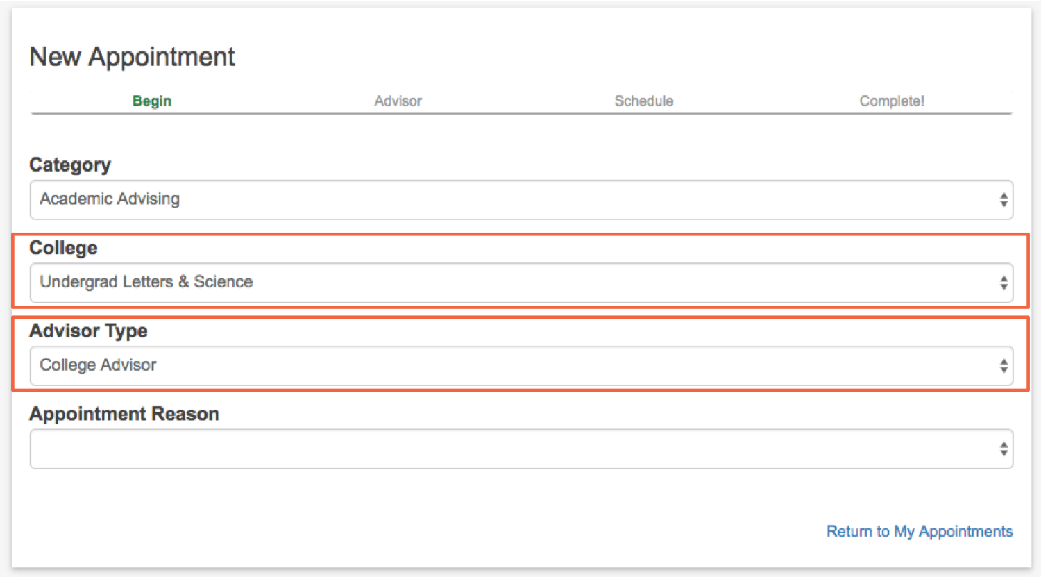 College and Advisor Type dropdowns emphasized with red box highlight.