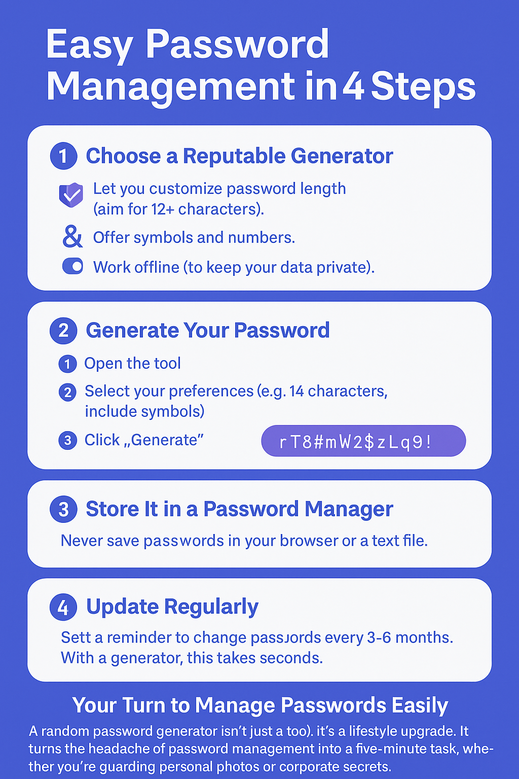 Illustration of a random password generator interface, showing a secure, complex password being created automatically to enhance online security."