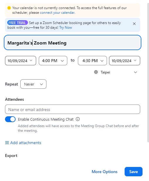 Meeting setup interface for scheduling a meeting emphasizing how to record Zoom meetings