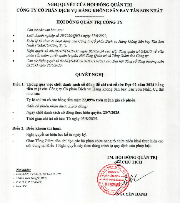 Nghị quyết của HĐQT về việc chi trả cổ tức đợt 2/2024 (Nguồn:CTCP Dịch vụ Hàng không Sân bay Tân Sơn Nhất (SASCO))