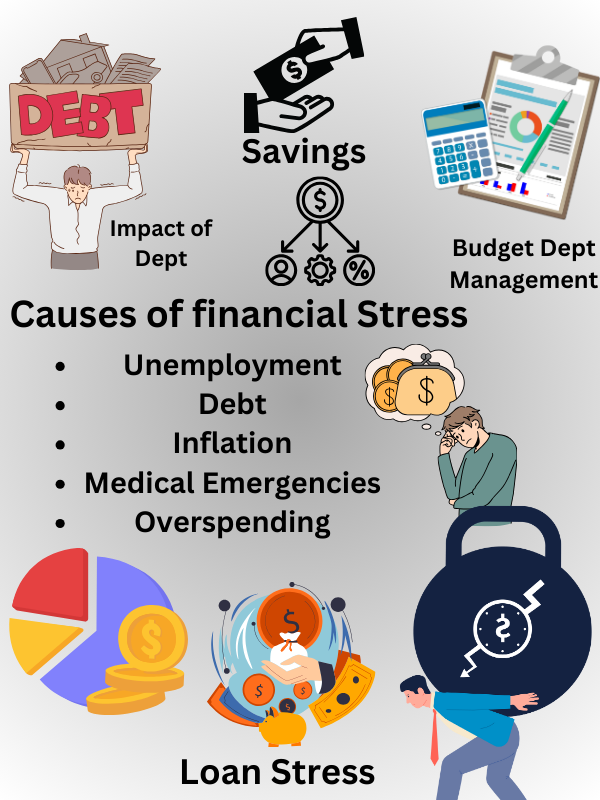 Infographic showing causes of financial stress: unemployment, debt, inflation, medical emergencies, overspending.